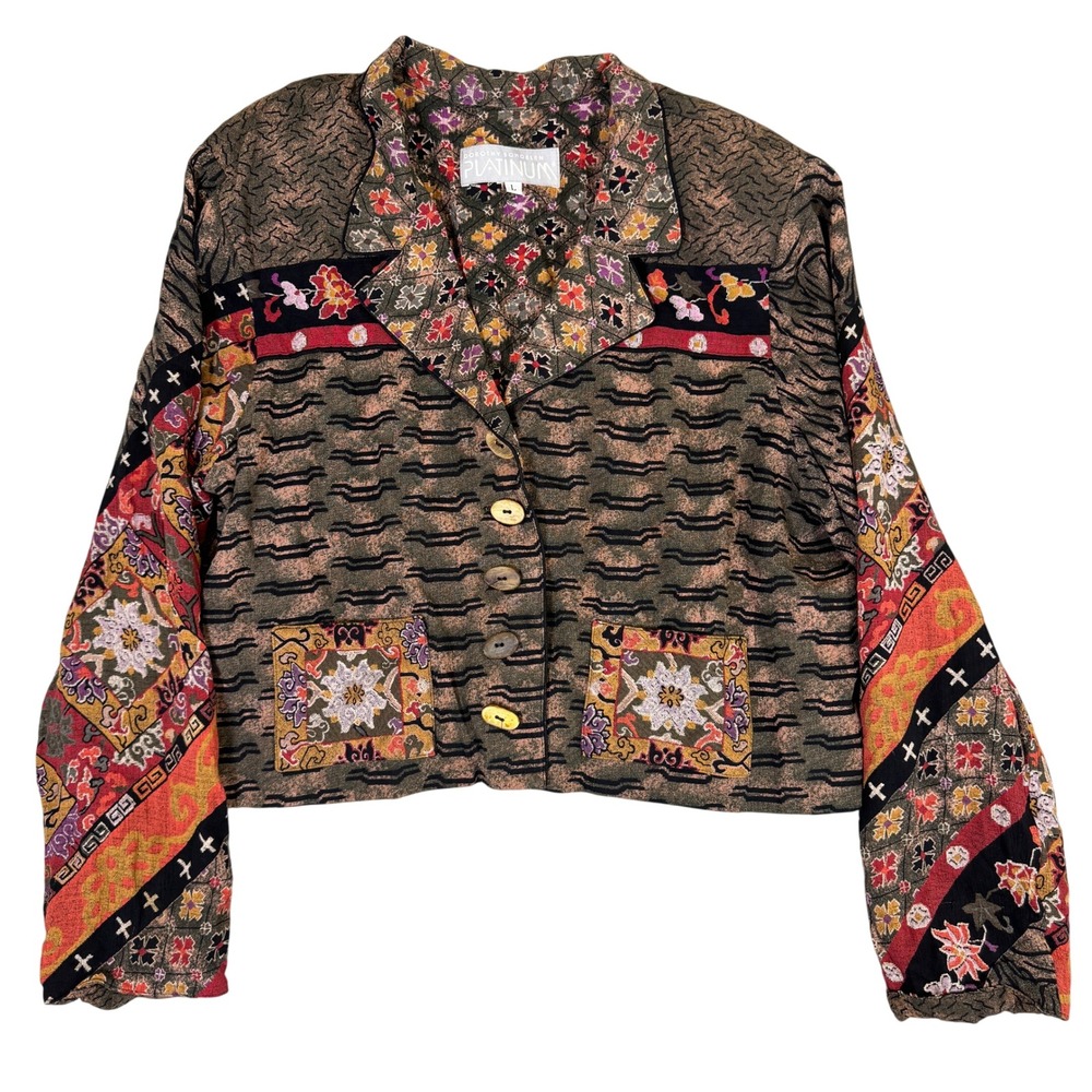 Dorothy Schoelen Platinum Cropped Jacket Large Mixed Print Artwear Vintage Style